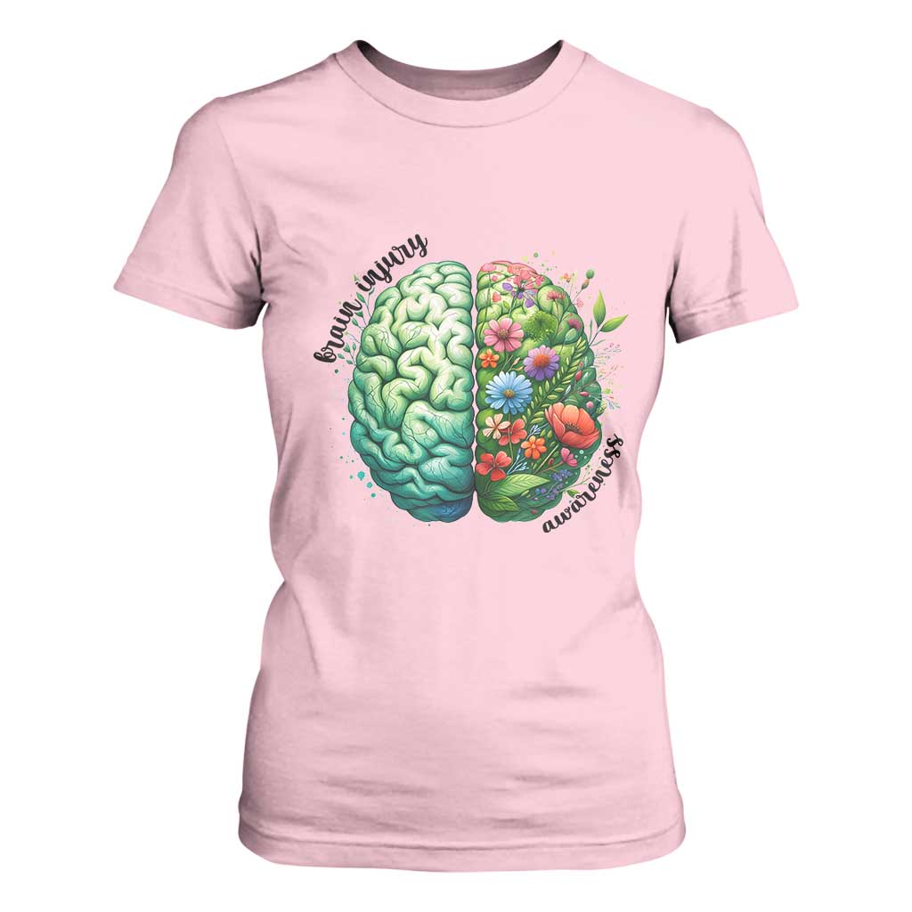 Traumatic Brain Injury Support T Shirt For Women TBI Warrior Green Floral Brain