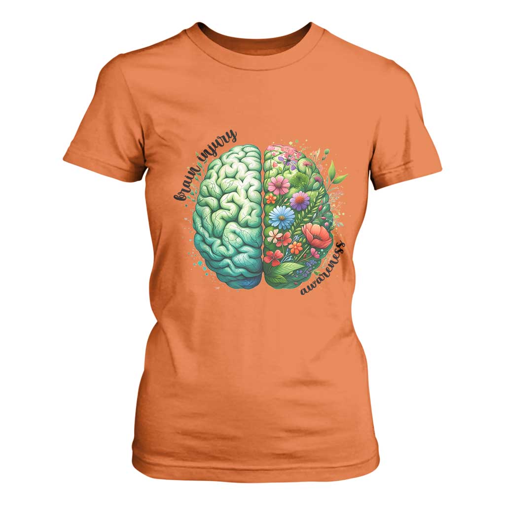 Traumatic Brain Injury Support T Shirt For Women TBI Warrior Green Floral Brain