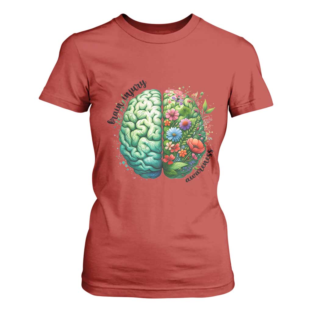 Traumatic Brain Injury Support T Shirt For Women TBI Warrior Green Floral Brain