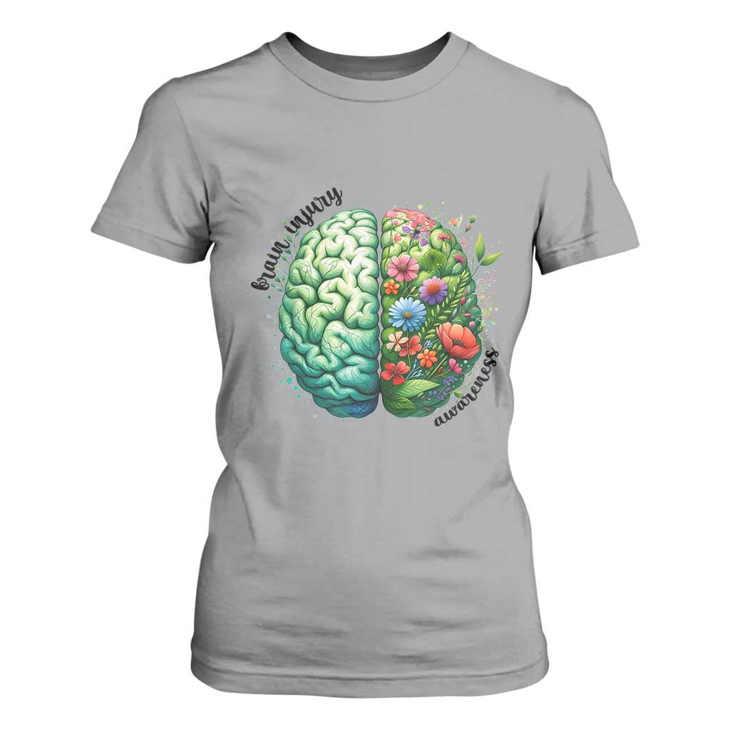 Traumatic Brain Injury Support T Shirt For Women TBI Warrior Green Floral Brain
