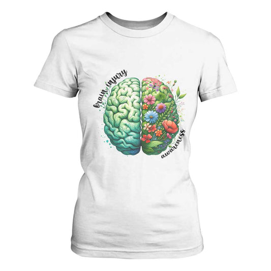 Traumatic Brain Injury Support T Shirt For Women TBI Warrior Green Floral Brain