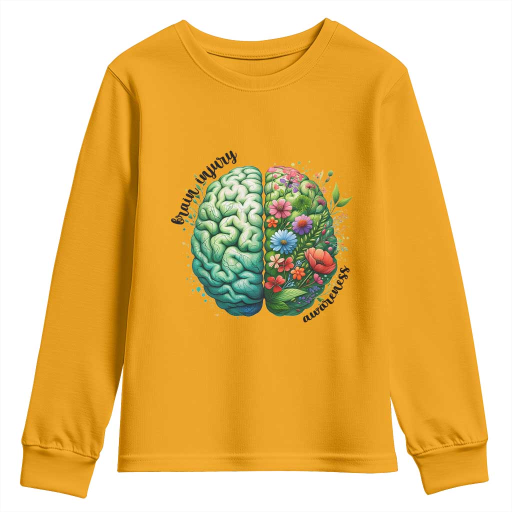 Traumatic Brain Injury Support Youth Sweatshirt TBI Warrior Green Floral Brain