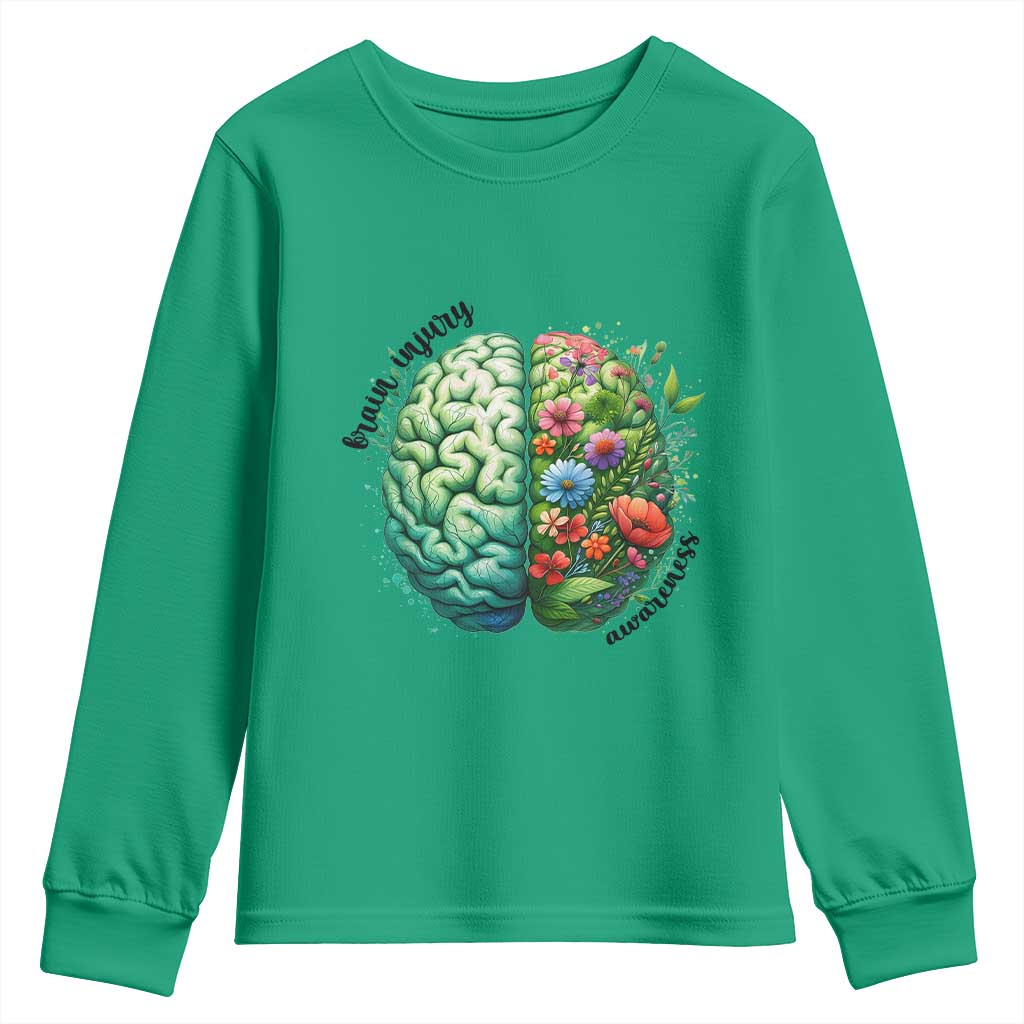 Traumatic Brain Injury Support Youth Sweatshirt TBI Warrior Green Floral Brain
