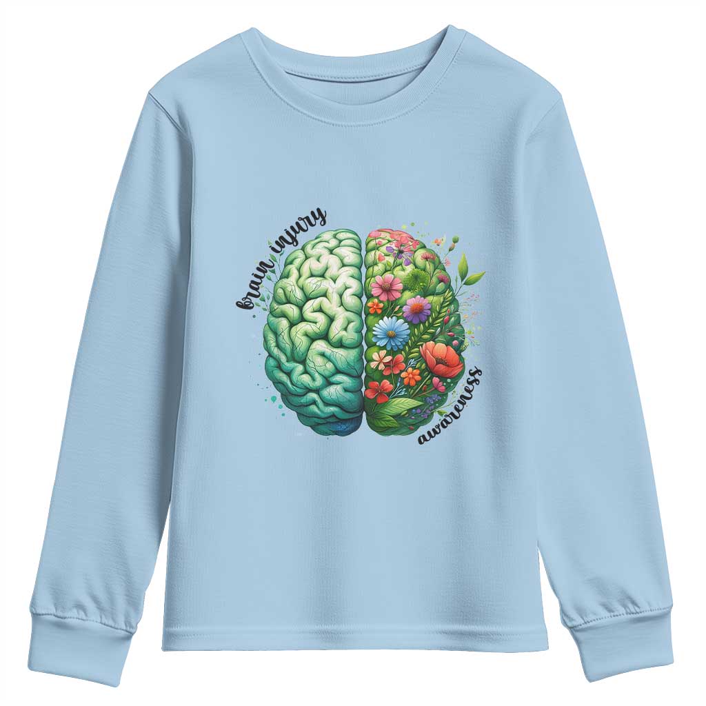 Traumatic Brain Injury Support Youth Sweatshirt TBI Warrior Green Floral Brain