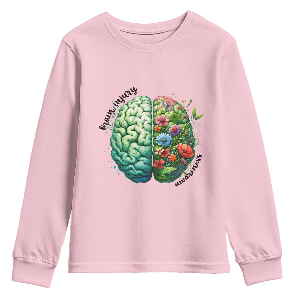 Traumatic Brain Injury Support Youth Sweatshirt TBI Warrior Green Floral Brain