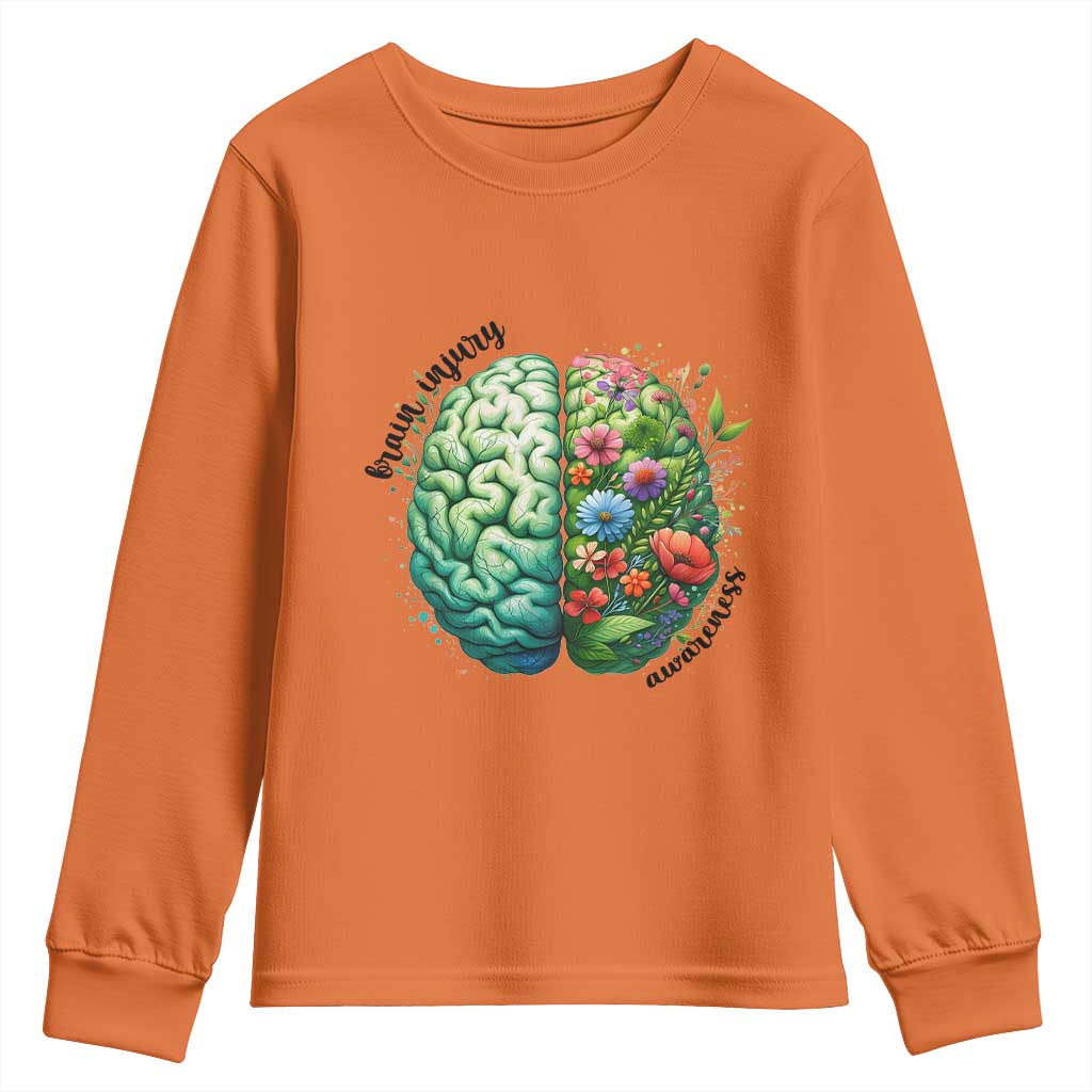 Traumatic Brain Injury Support Youth Sweatshirt TBI Warrior Green Floral Brain