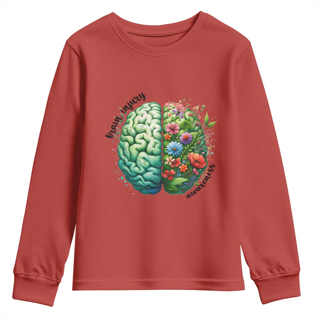 Traumatic Brain Injury Support Youth Sweatshirt TBI Warrior Green Floral Brain