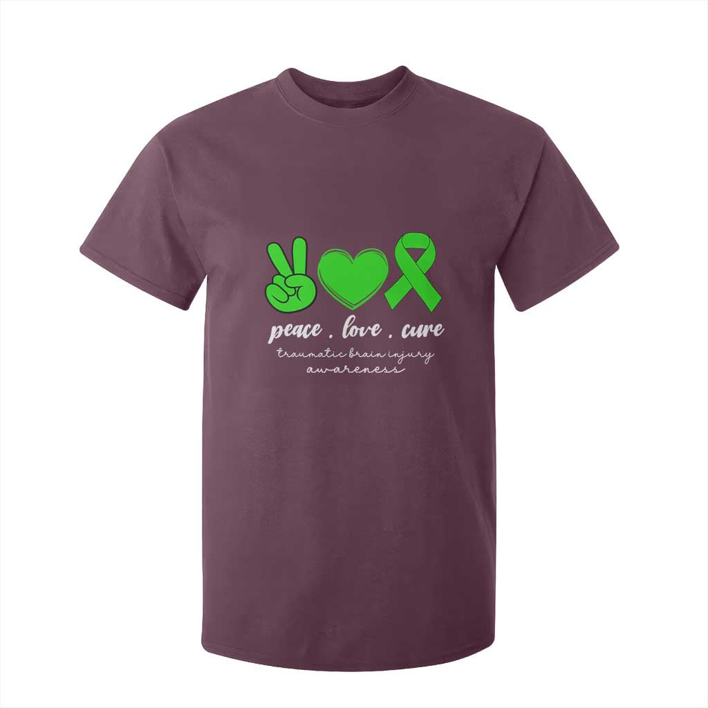 Traumatic Brain Injury Support T Shirt For Kid Peace Love Cure TBI Warrior
