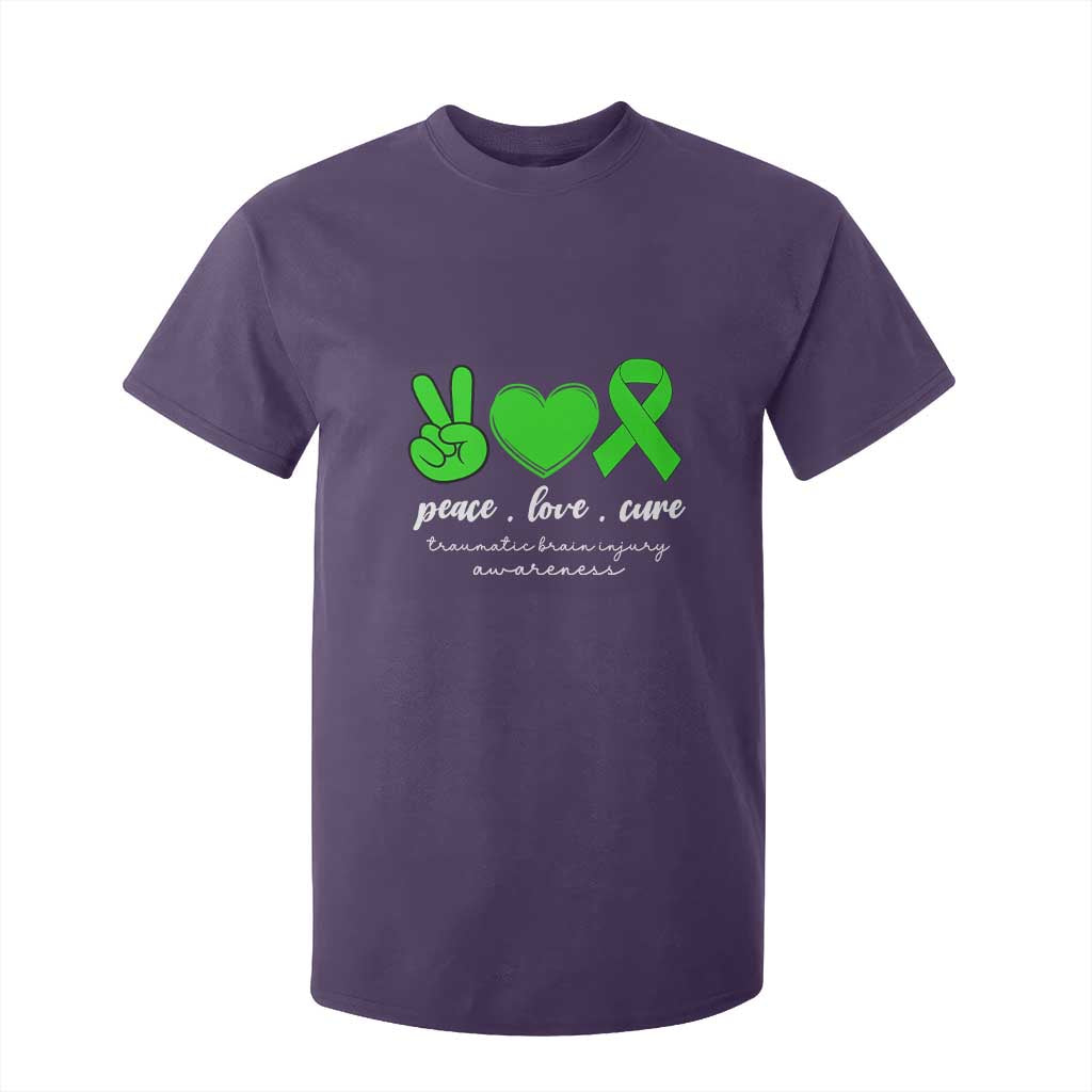 Traumatic Brain Injury Support T Shirt For Kid Peace Love Cure TBI Warrior