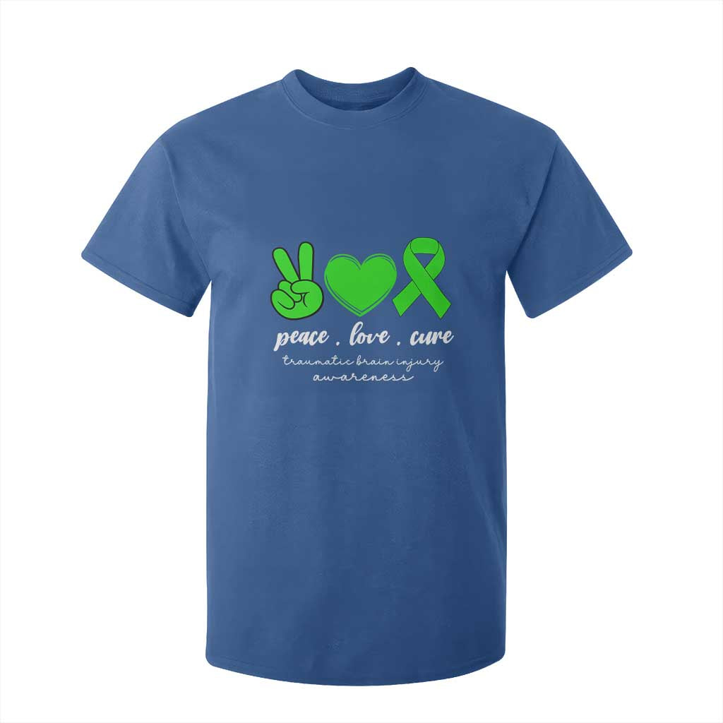 Traumatic Brain Injury Support T Shirt For Kid Peace Love Cure TBI Warrior