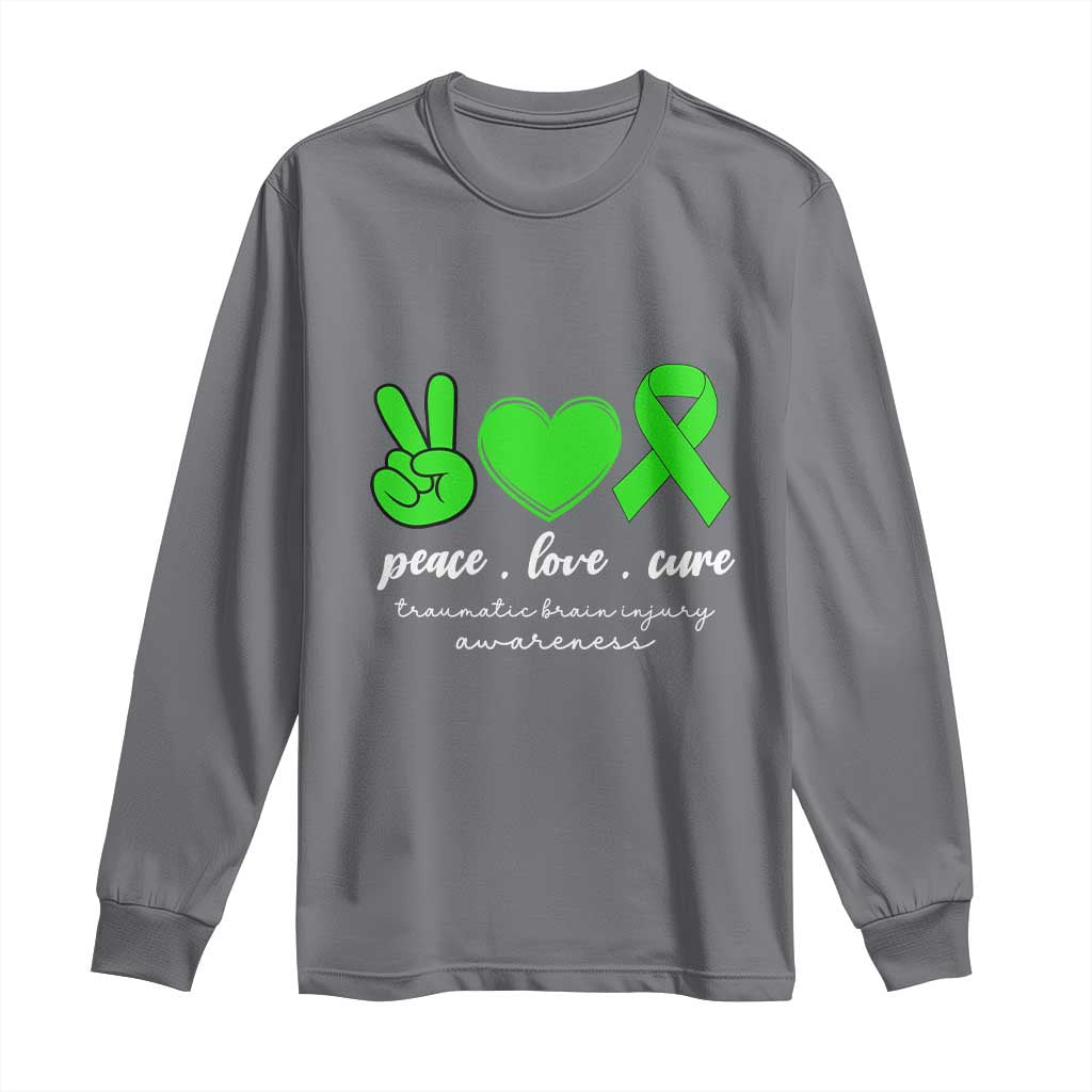 Traumatic Brain Injury Support Long Sleeve Shirt Peace Love Cure TBI Warrior