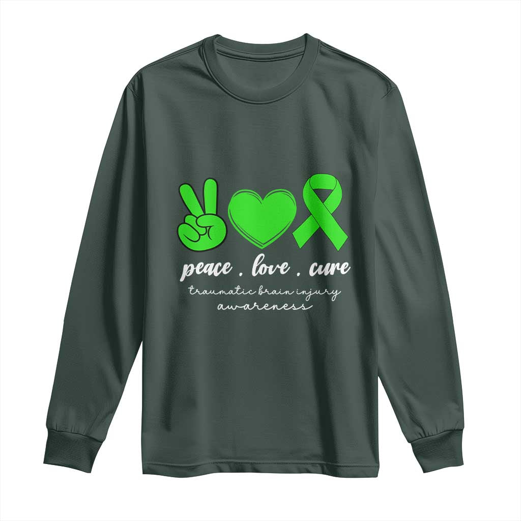 Traumatic Brain Injury Support Long Sleeve Shirt Peace Love Cure TBI Warrior