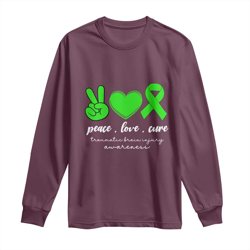 Traumatic Brain Injury Support Long Sleeve Shirt Peace Love Cure TBI Warrior