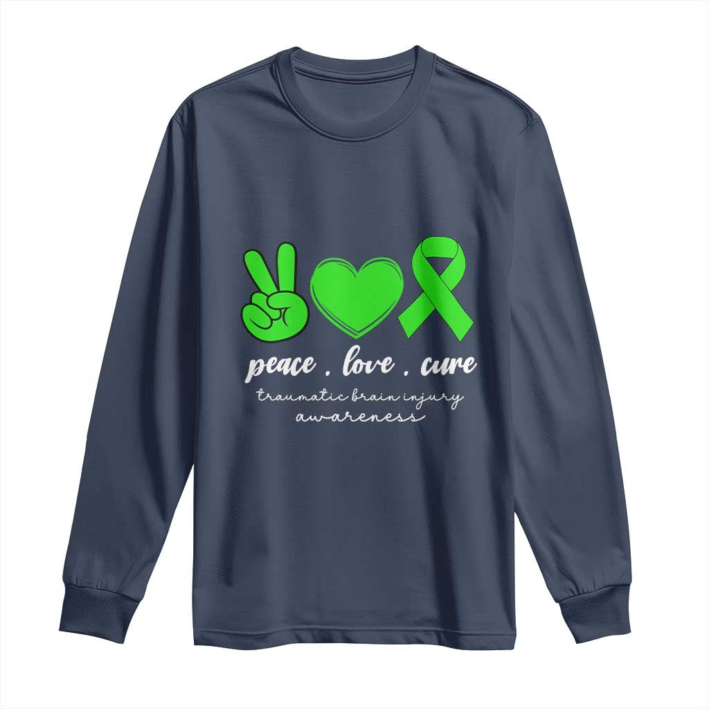 Traumatic Brain Injury Support Long Sleeve Shirt Peace Love Cure TBI Warrior