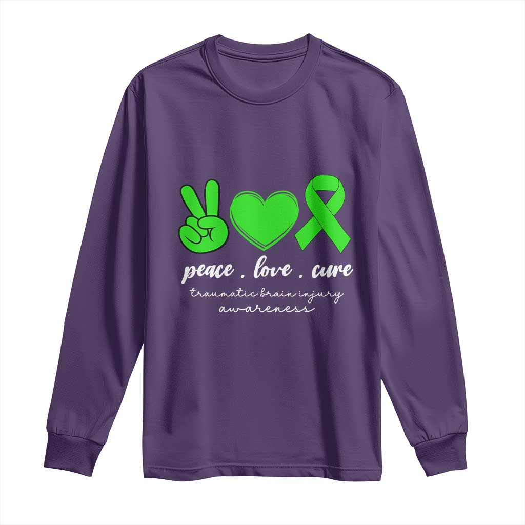 Traumatic Brain Injury Support Long Sleeve Shirt Peace Love Cure TBI Warrior