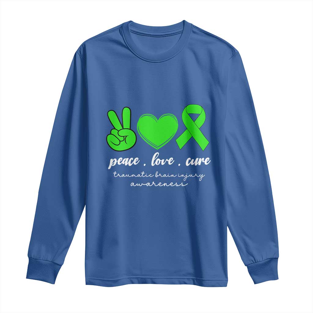 Traumatic Brain Injury Support Long Sleeve Shirt Peace Love Cure TBI Warrior