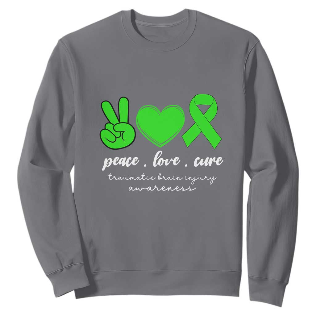 Traumatic Brain Injury Support Sweatshirt Peace Love Cure TBI Warrior