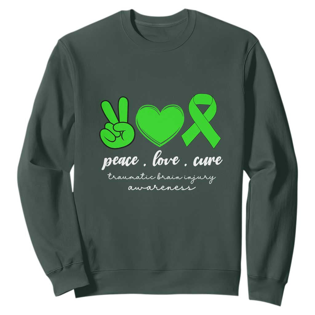 Traumatic Brain Injury Support Sweatshirt Peace Love Cure TBI Warrior