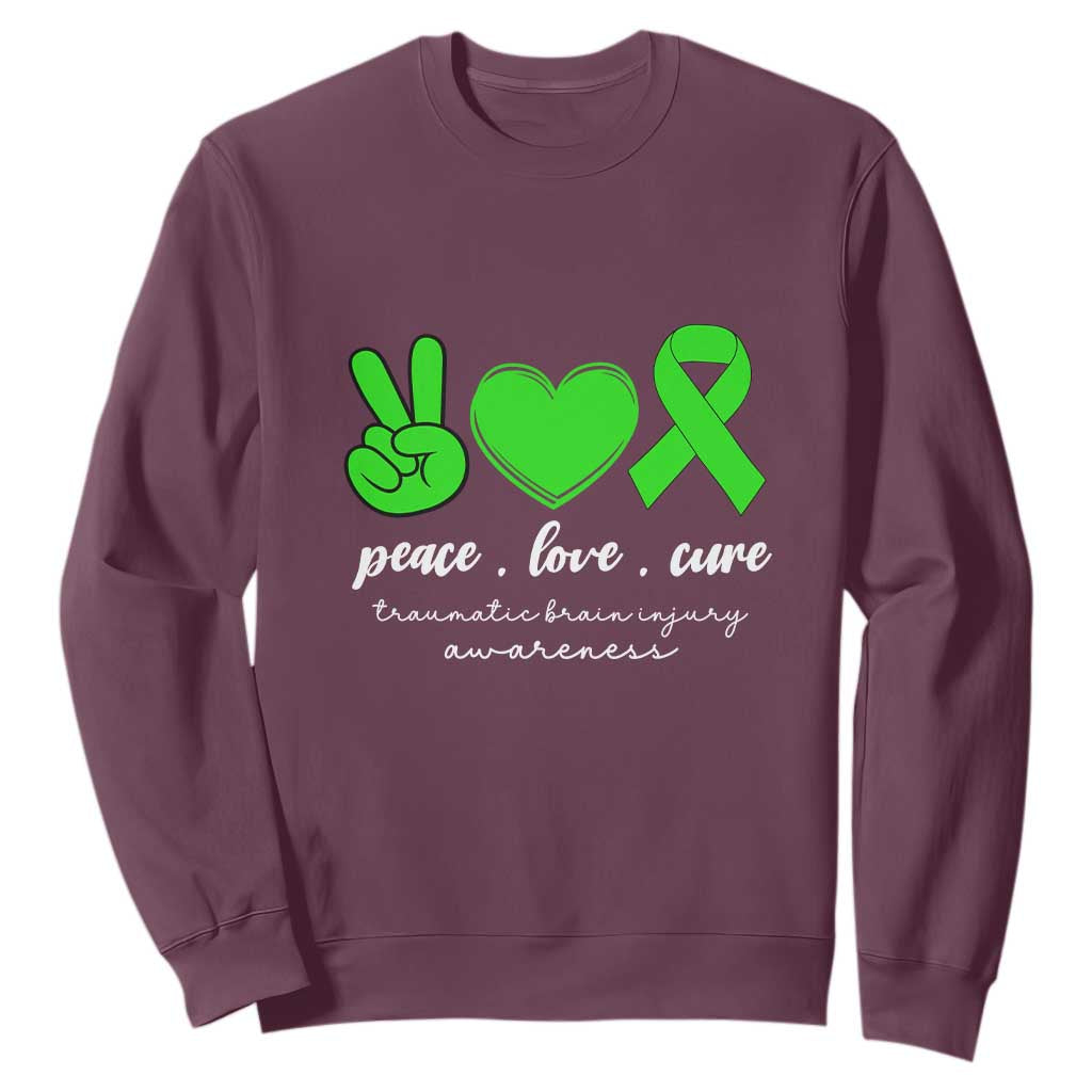 Traumatic Brain Injury Support Sweatshirt Peace Love Cure TBI Warrior