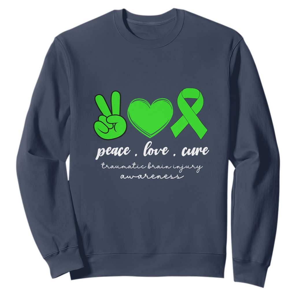 Traumatic Brain Injury Support Sweatshirt Peace Love Cure TBI Warrior