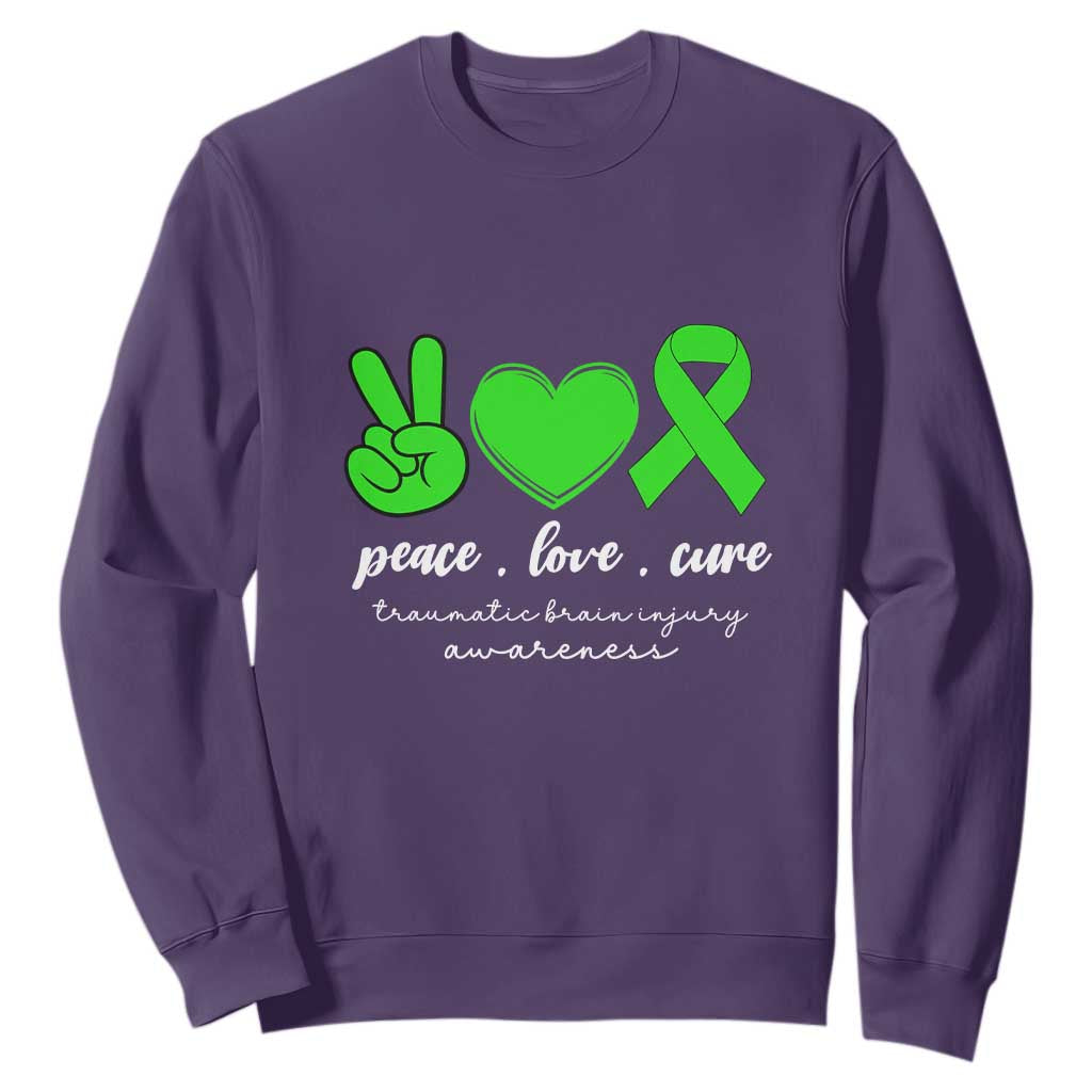 Traumatic Brain Injury Support Sweatshirt Peace Love Cure TBI Warrior