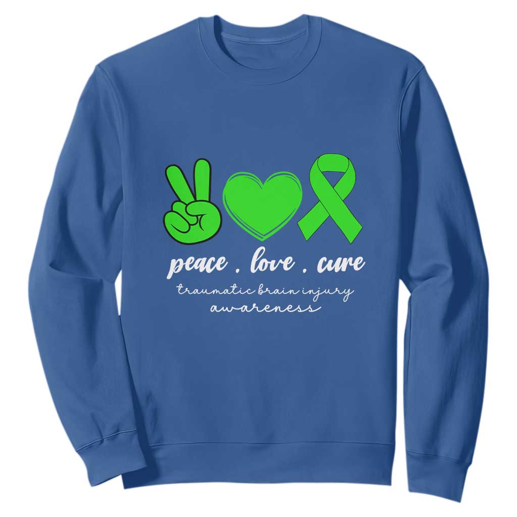 Traumatic Brain Injury Support Sweatshirt Peace Love Cure TBI Warrior