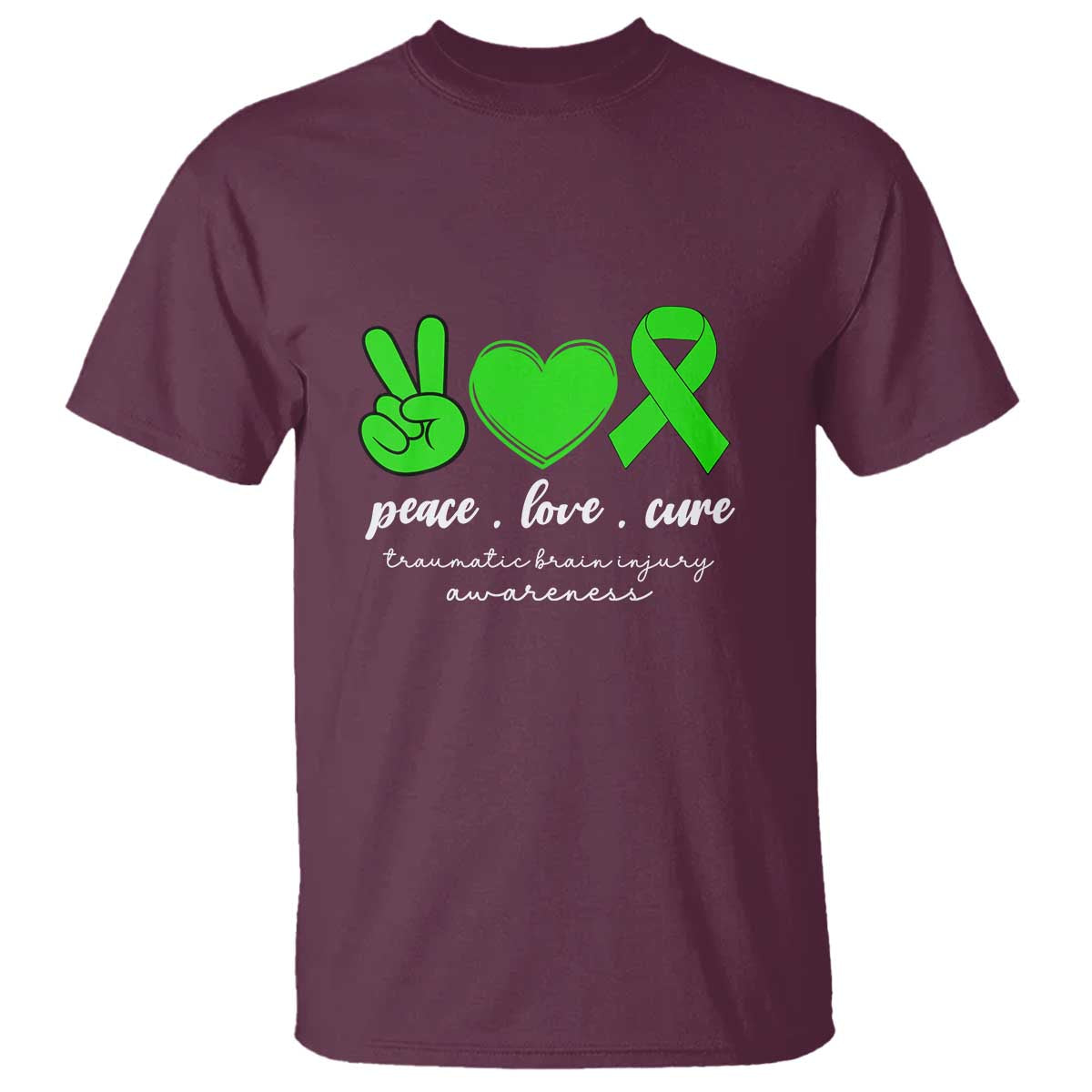Traumatic Brain Injury Support T Shirt Peace Love Cure TBI Warrior