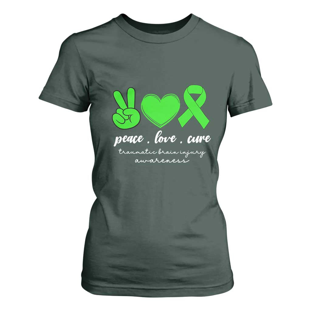 Traumatic Brain Injury Support T Shirt For Women Peace Love Cure TBI Warrior
