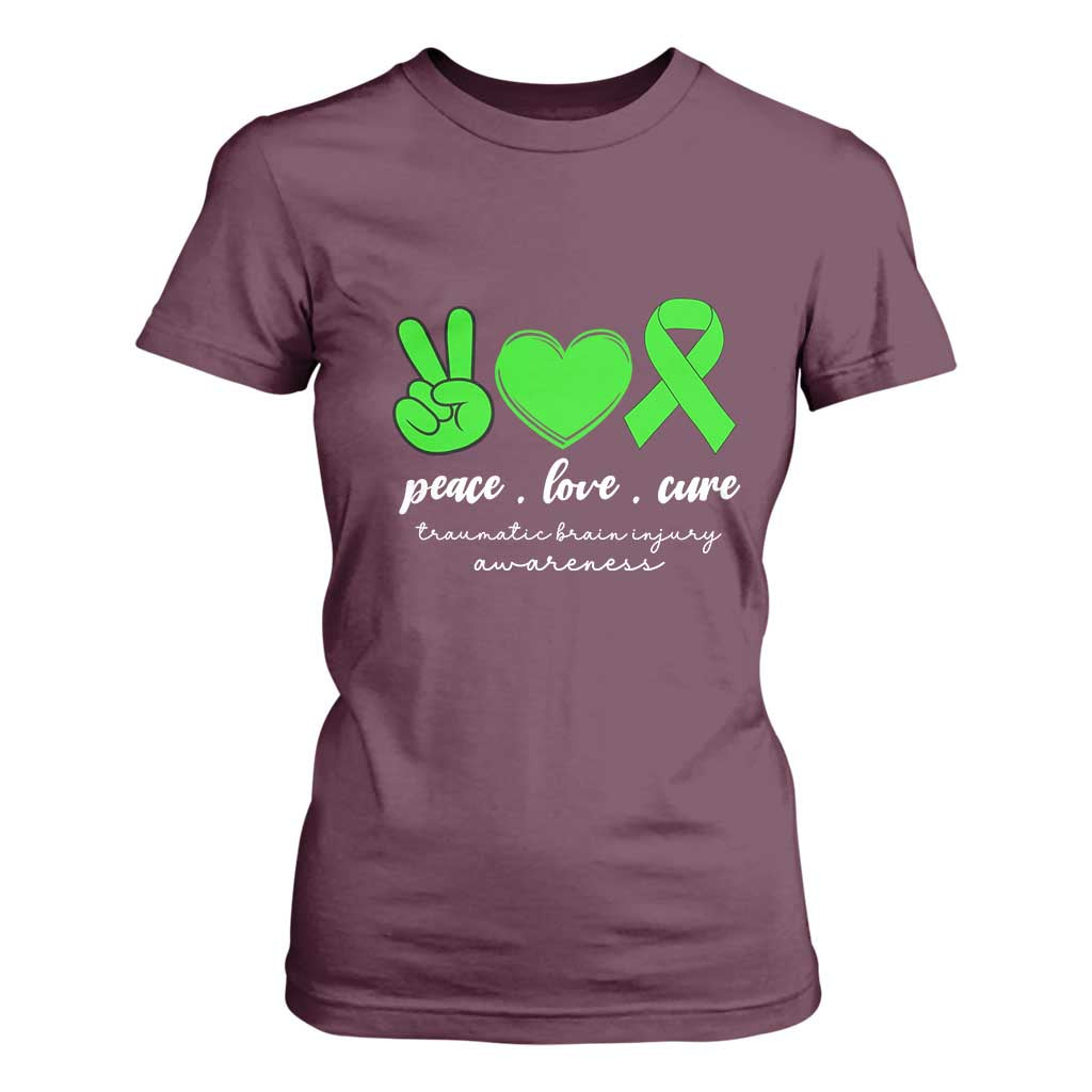 Traumatic Brain Injury Support T Shirt For Women Peace Love Cure TBI Warrior