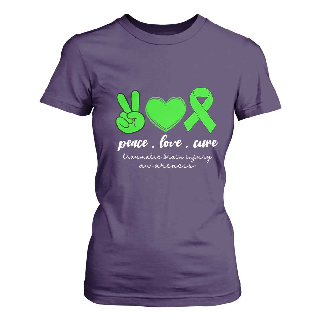 Traumatic Brain Injury Support T Shirt For Women Peace Love Cure TBI Warrior