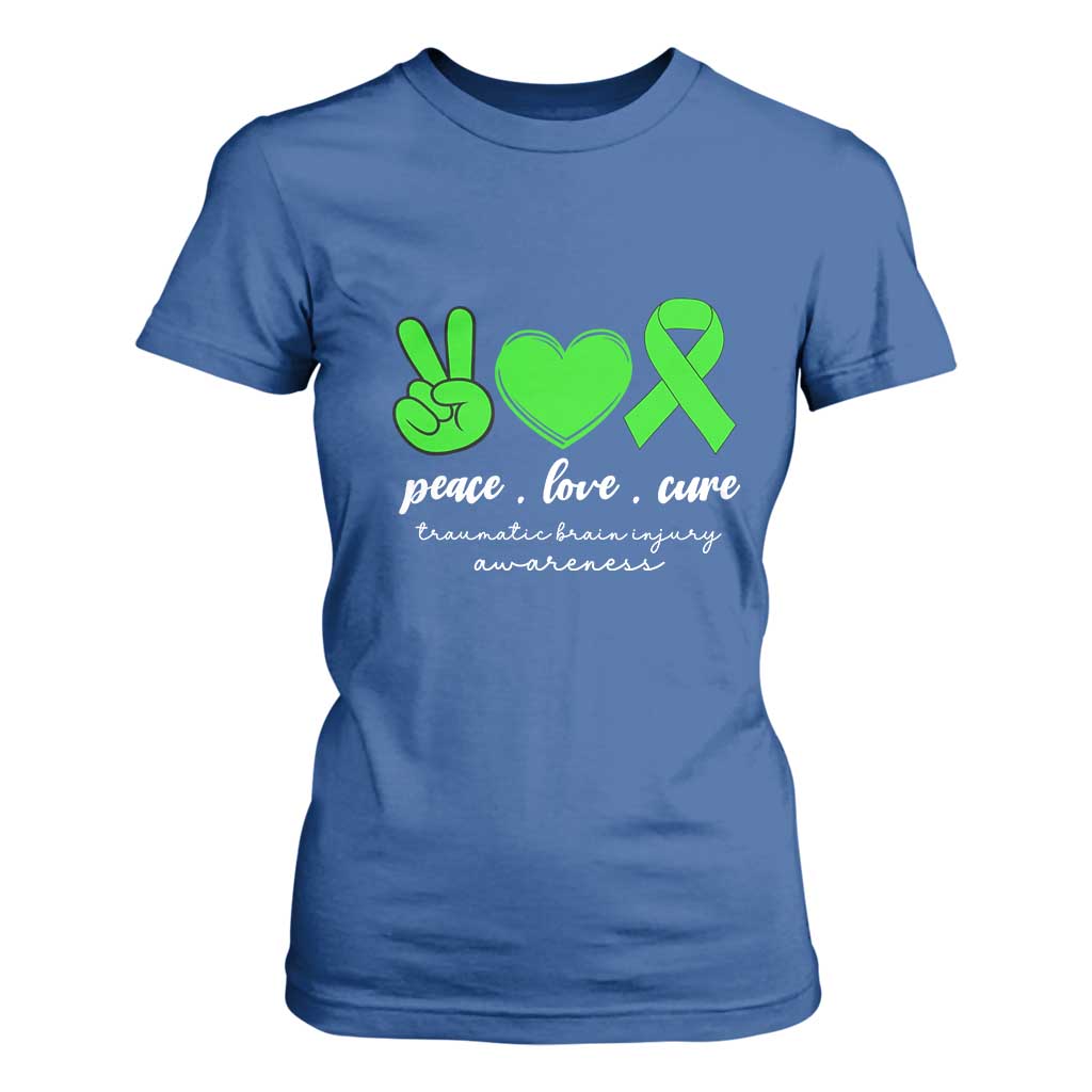 Traumatic Brain Injury Support T Shirt For Women Peace Love Cure TBI Warrior
