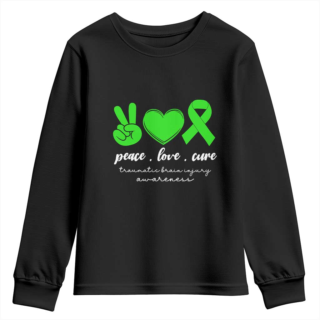 Traumatic Brain Injury Support Youth Sweatshirt Peace Love Cure TBI Warrior