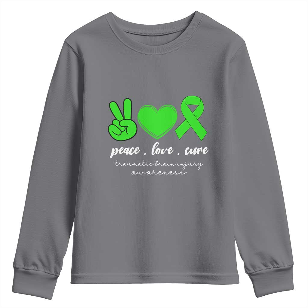 Traumatic Brain Injury Support Youth Sweatshirt Peace Love Cure TBI Warrior
