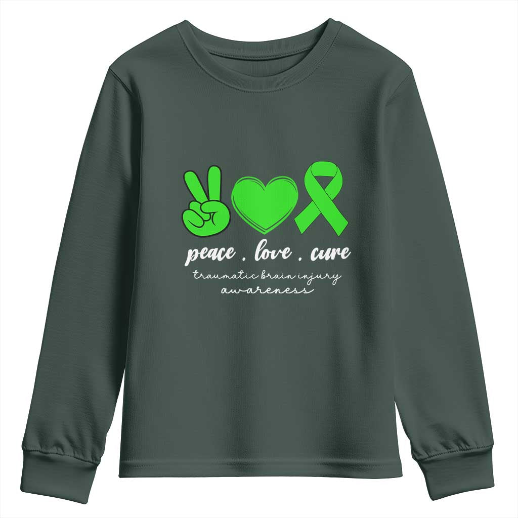 Traumatic Brain Injury Support Youth Sweatshirt Peace Love Cure TBI Warrior