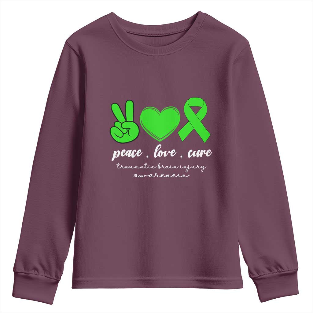 Traumatic Brain Injury Support Youth Sweatshirt Peace Love Cure TBI Warrior