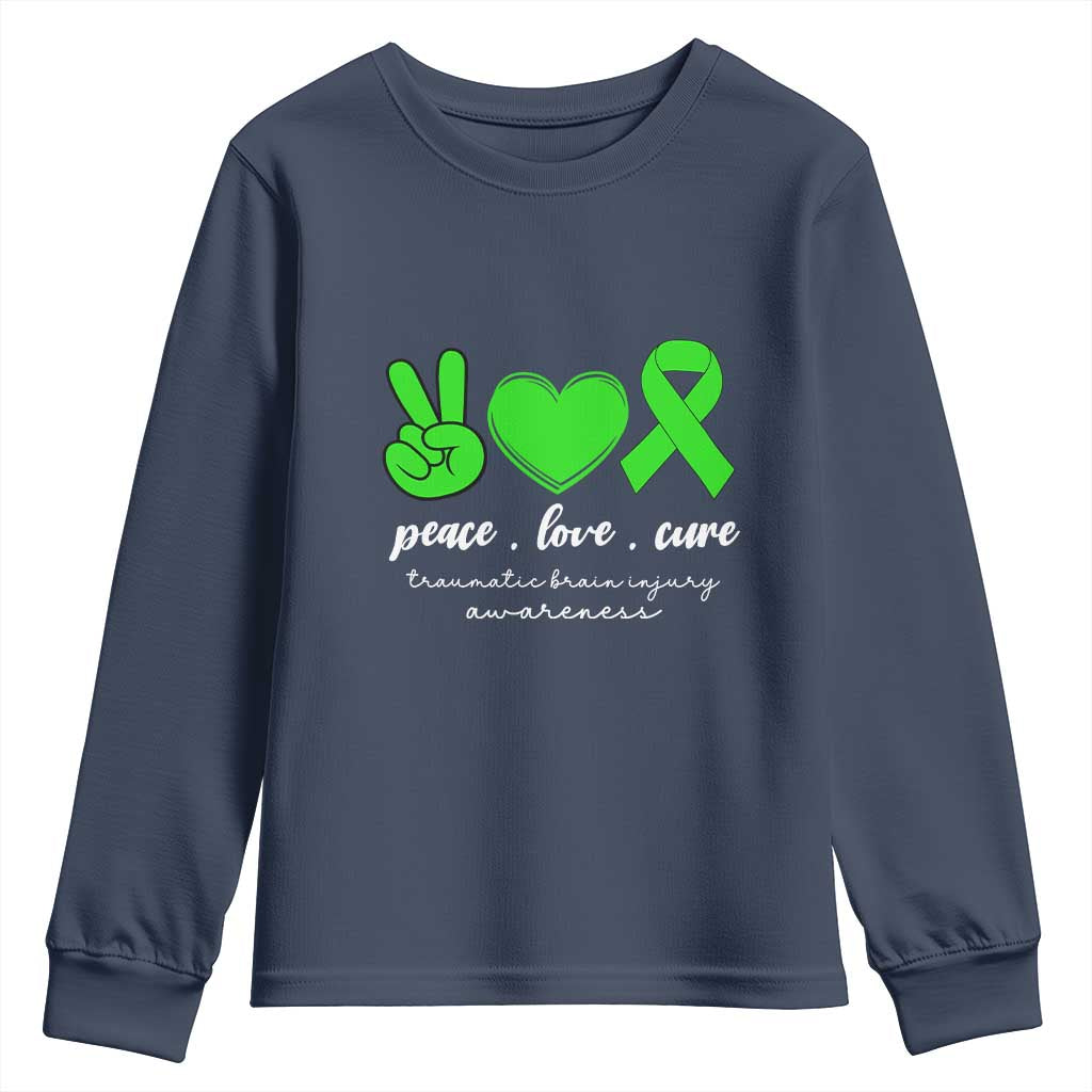 Traumatic Brain Injury Support Youth Sweatshirt Peace Love Cure TBI Warrior