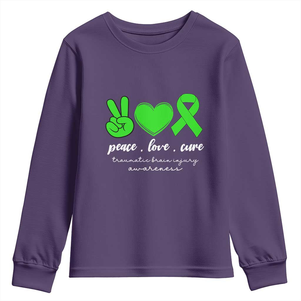 Traumatic Brain Injury Support Youth Sweatshirt Peace Love Cure TBI Warrior