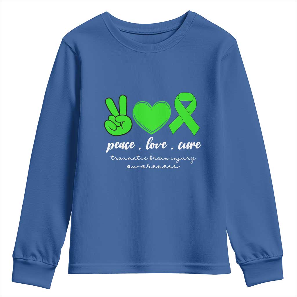 Traumatic Brain Injury Support Youth Sweatshirt Peace Love Cure TBI Warrior