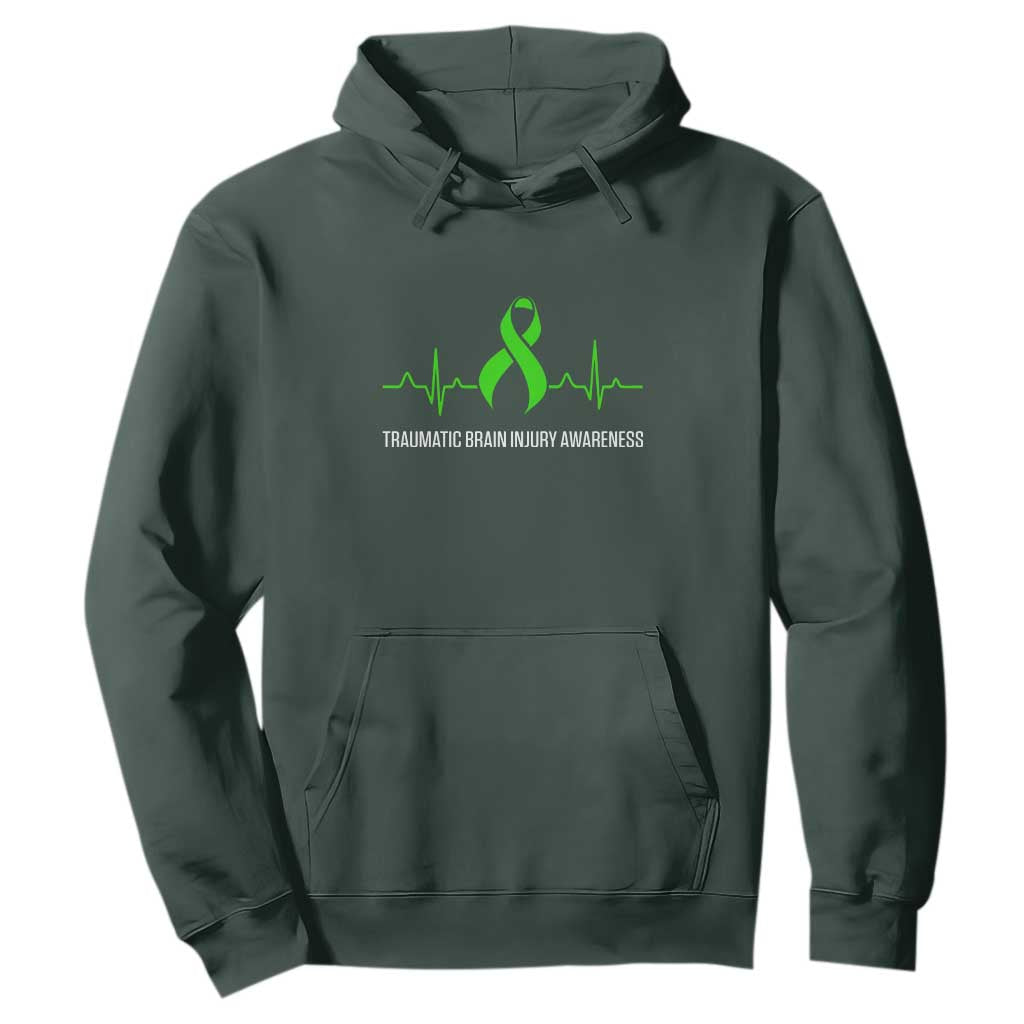 Traumatic Brain Injury Support Hoodie TBI Warrior Heartbeat Green Ribbon