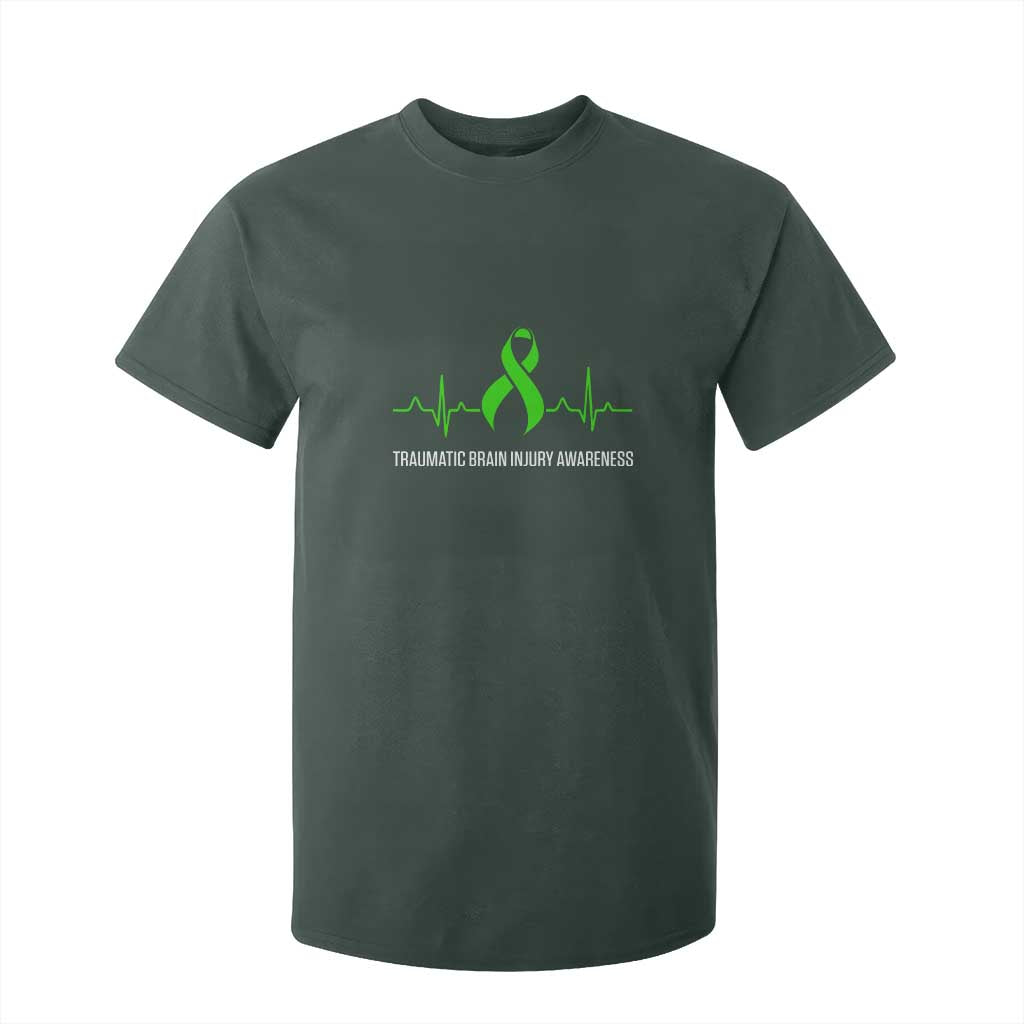 Traumatic Brain Injury Support T Shirt For Kid TBI Warrior Heartbeat Green Ribbon