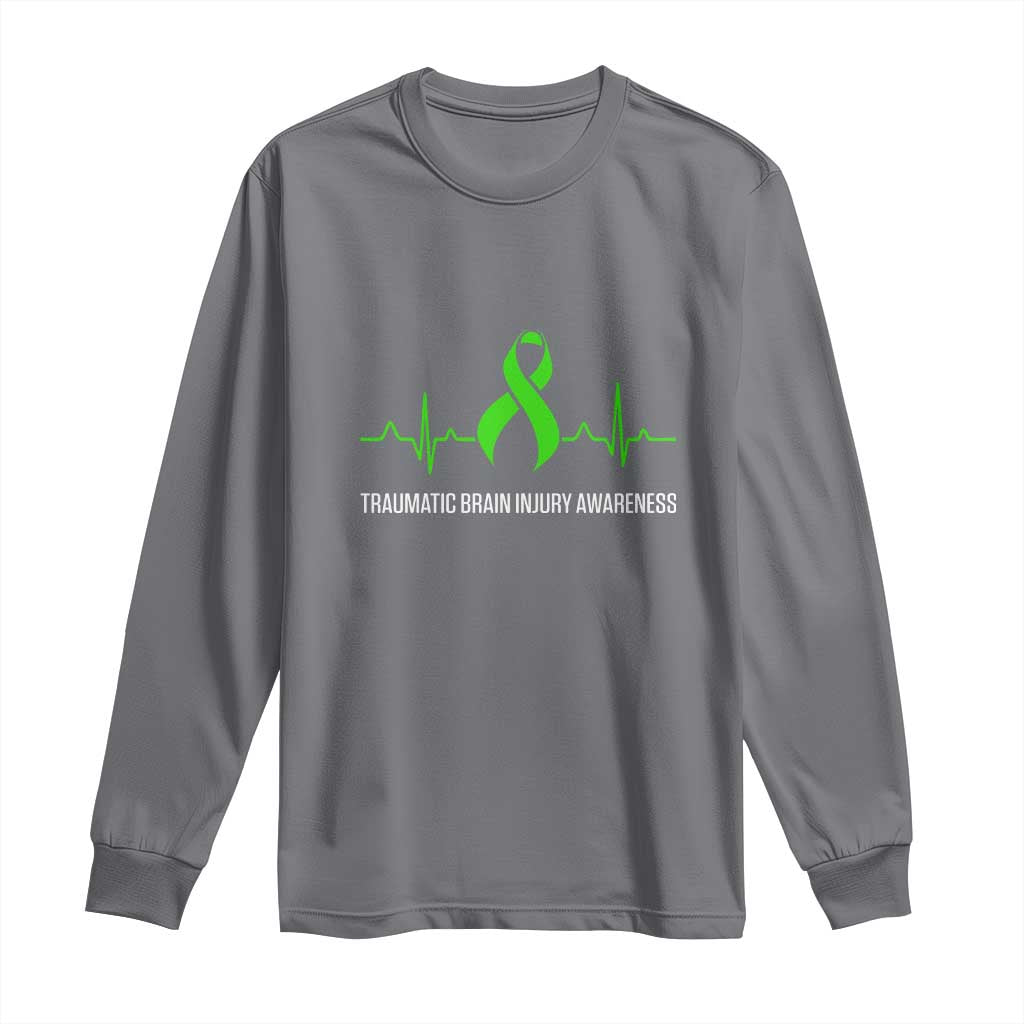 Traumatic Brain Injury Support Long Sleeve Shirt TBI Warrior Heartbeat Green Ribbon