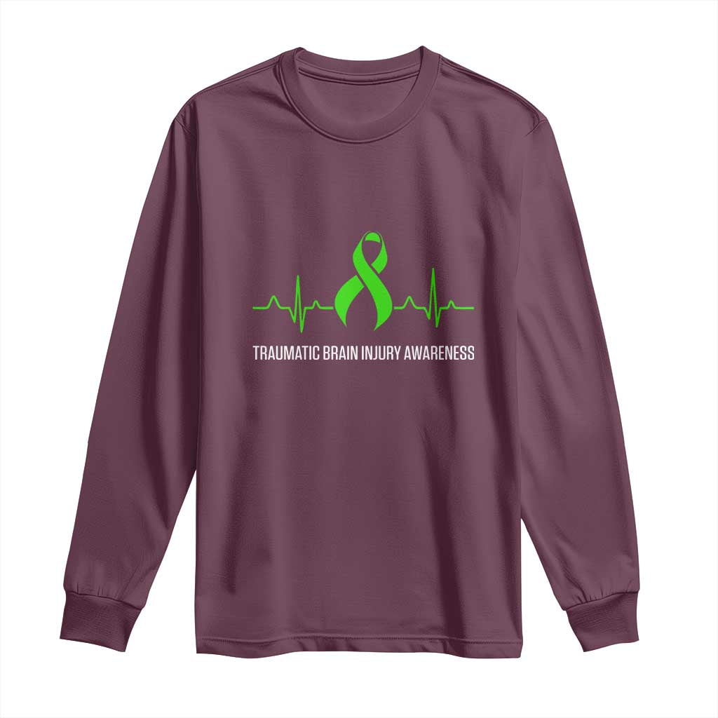 Traumatic Brain Injury Support Long Sleeve Shirt TBI Warrior Heartbeat Green Ribbon
