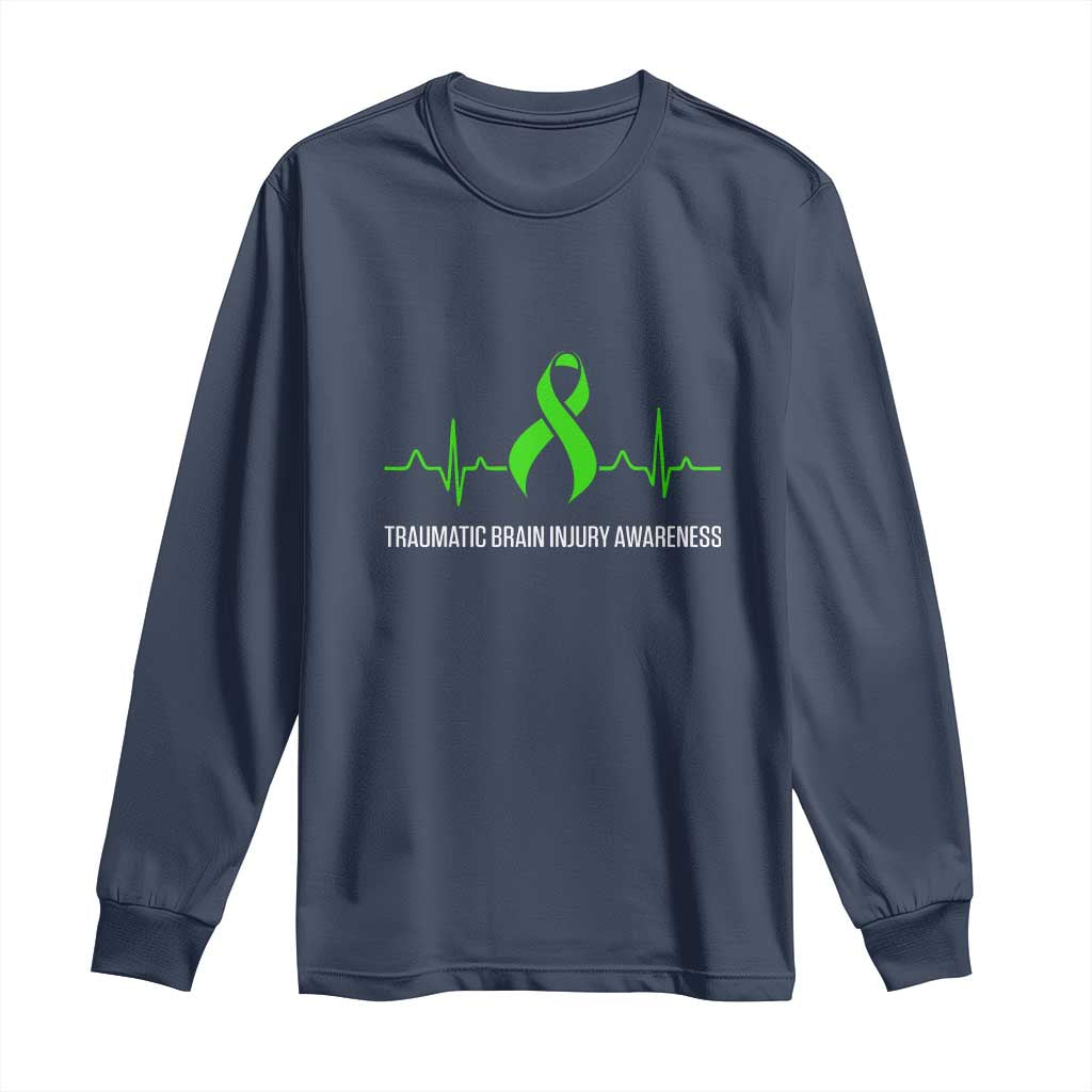 Traumatic Brain Injury Support Long Sleeve Shirt TBI Warrior Heartbeat Green Ribbon