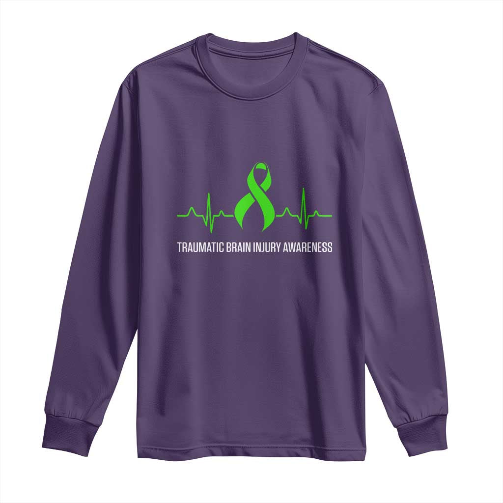 Traumatic Brain Injury Support Long Sleeve Shirt TBI Warrior Heartbeat Green Ribbon