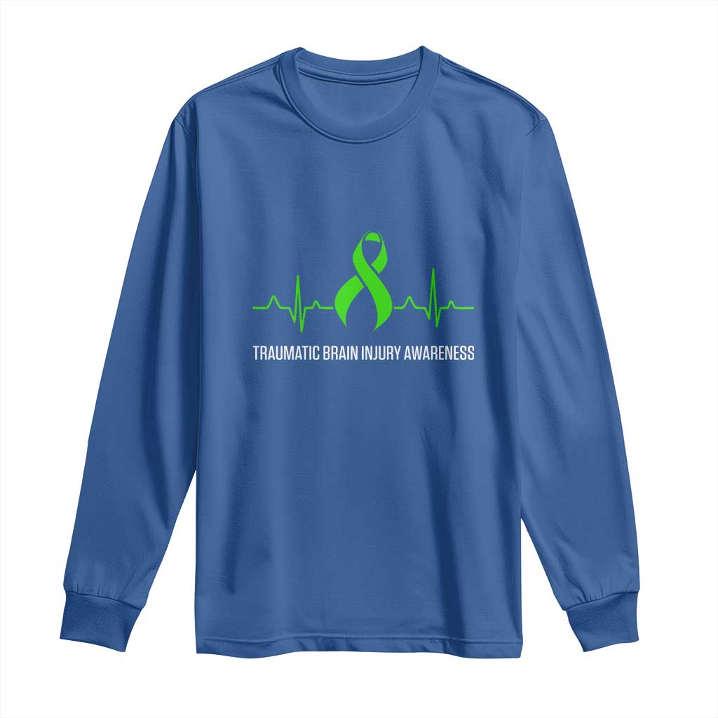 Traumatic Brain Injury Support Long Sleeve Shirt TBI Warrior Heartbeat Green Ribbon