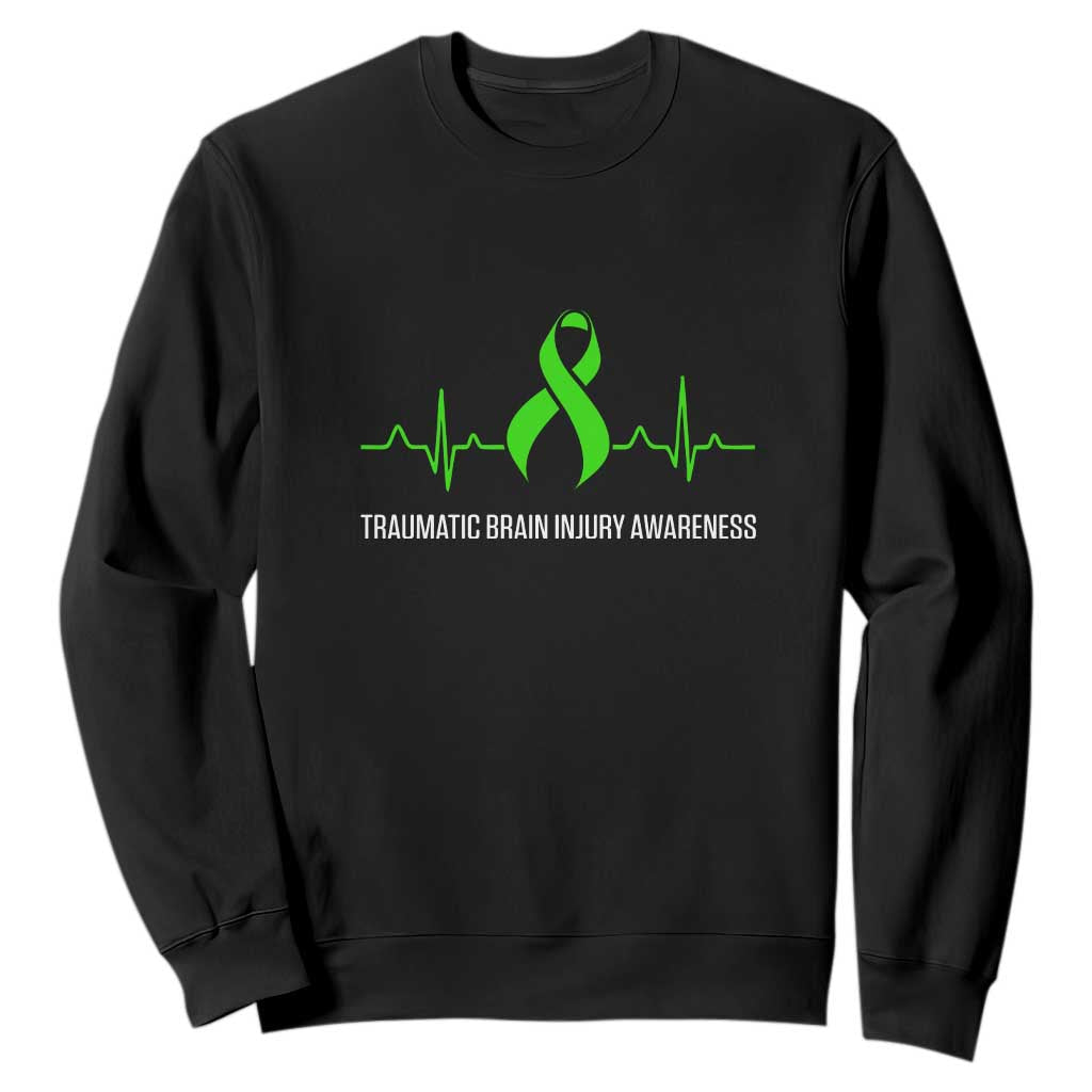Traumatic Brain Injury Support Sweatshirt TBI Warrior Heartbeat Green Ribbon