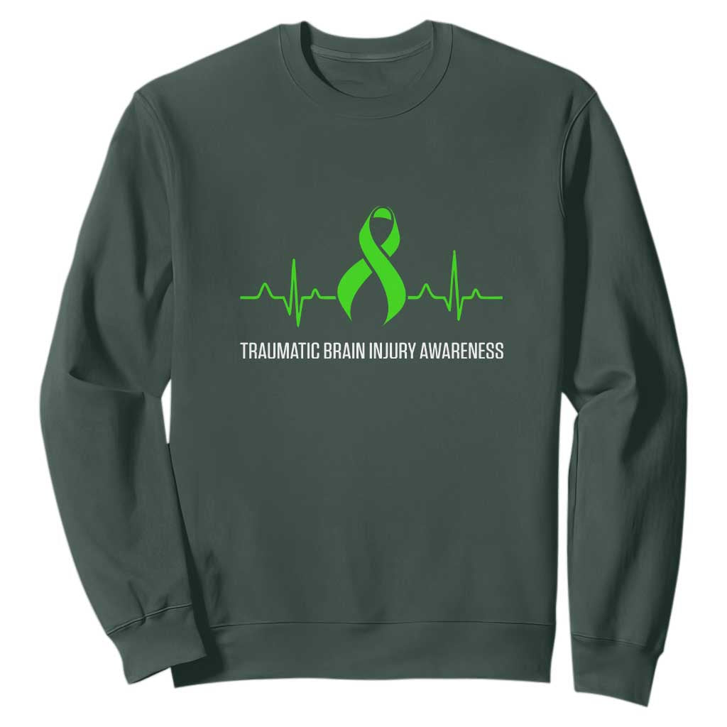 Traumatic Brain Injury Support Sweatshirt TBI Warrior Heartbeat Green Ribbon