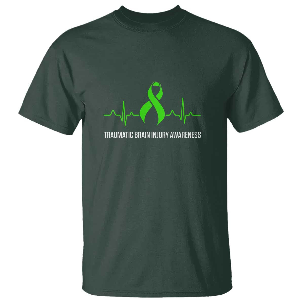 Traumatic Brain Injury Support T Shirt TBI Warrior Heartbeat Green Ribbon