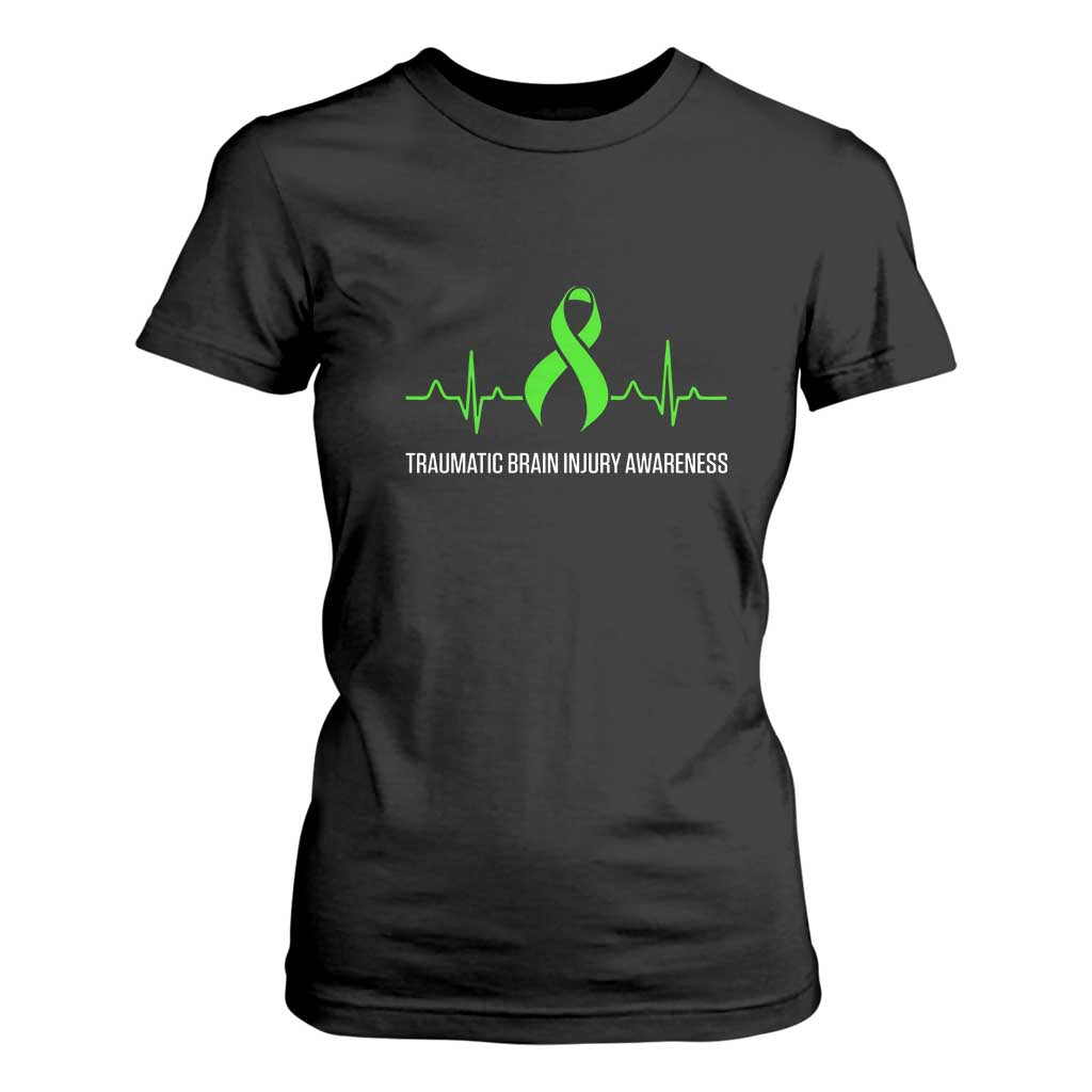 Traumatic Brain Injury Support T Shirt For Women TBI Warrior Heartbeat Green Ribbon