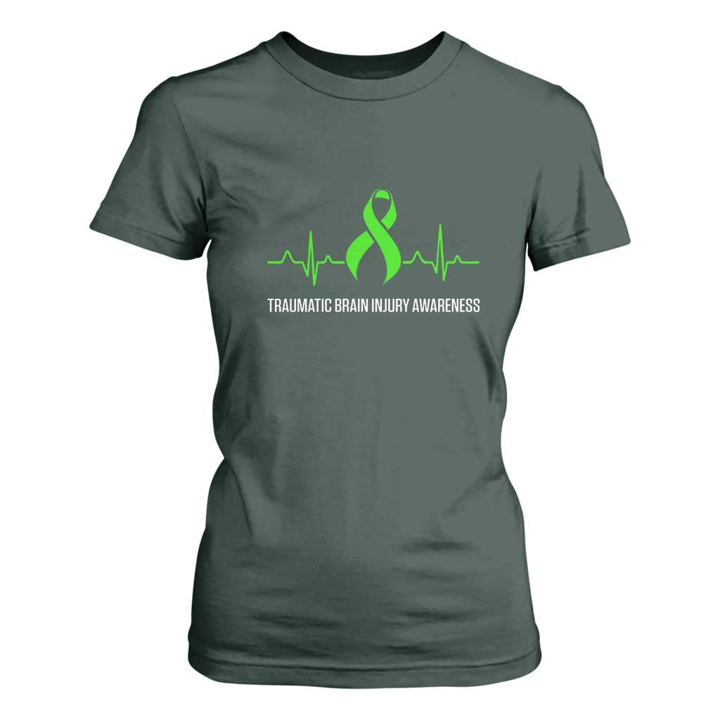 Traumatic Brain Injury Support T Shirt For Women TBI Warrior Heartbeat Green Ribbon